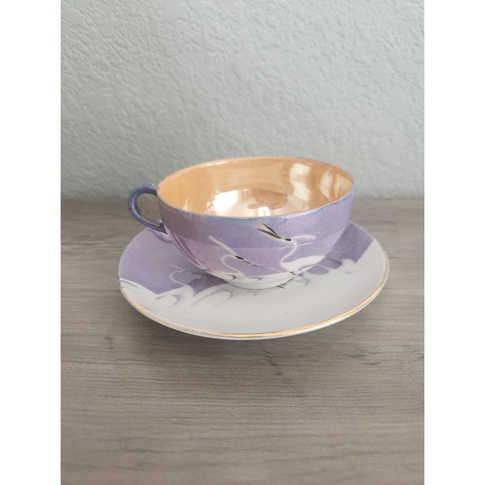 Vtg Japanese Lustreware tea cup saucer Purple Peach White Birds Cranes Delicate